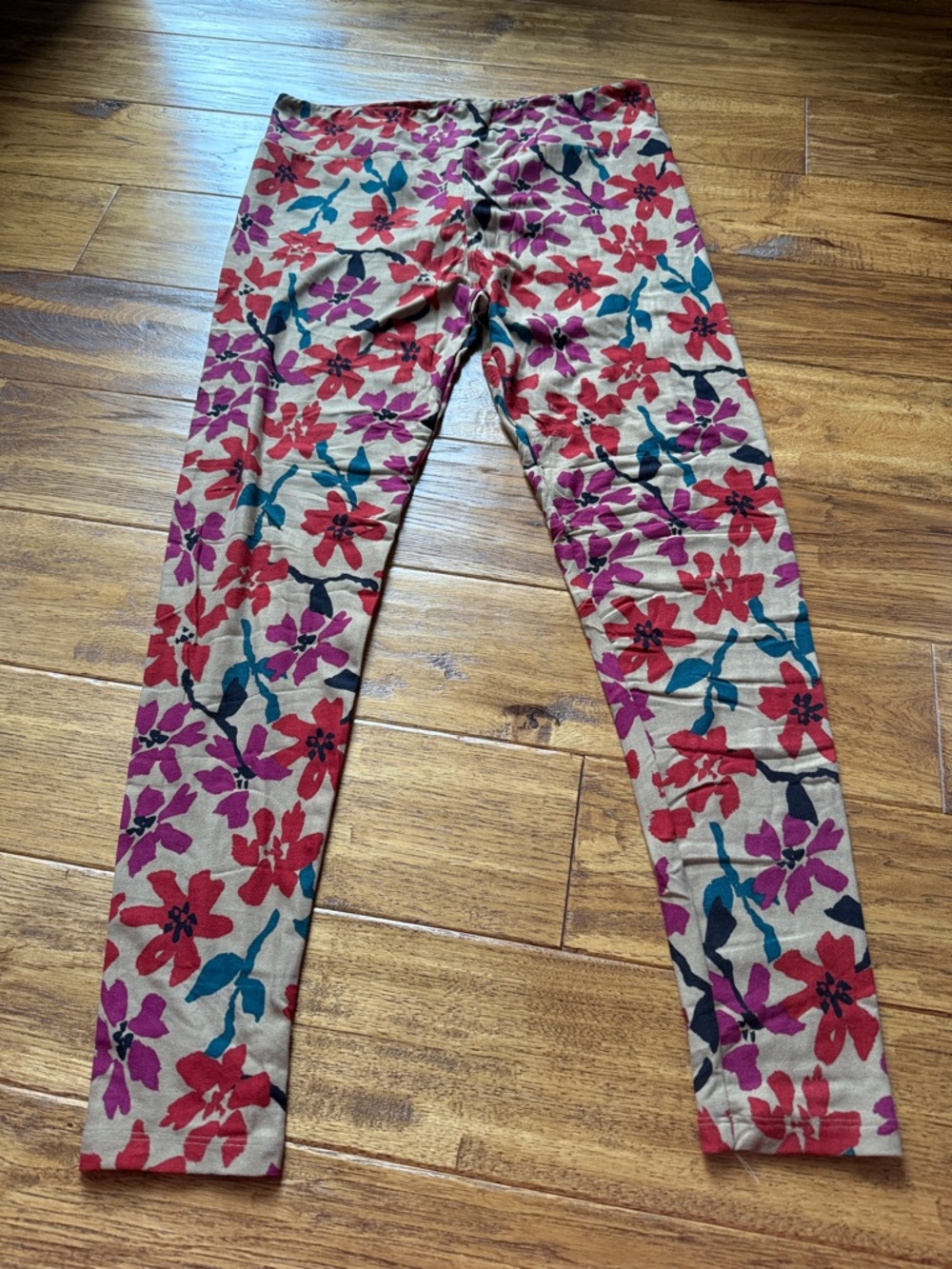 LuLaRoe Floral Leggings in Beige with Red, Purple & Teal